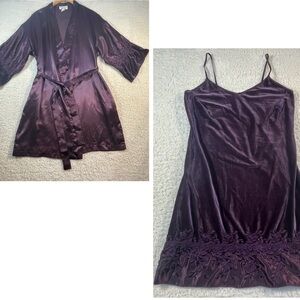 Dentelle Vintage Plum Satin & Velvet Robe + Matching Nightgown Set Romantic Luxe